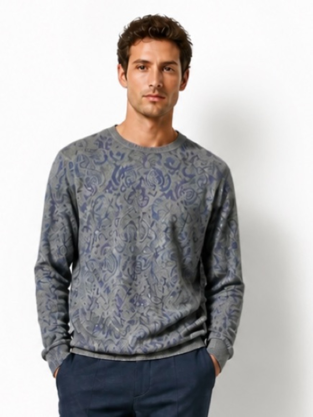 ROBERT GRAHAM Crewneck Sweater Murray Linen Lightweight Blue Gray Long XXL